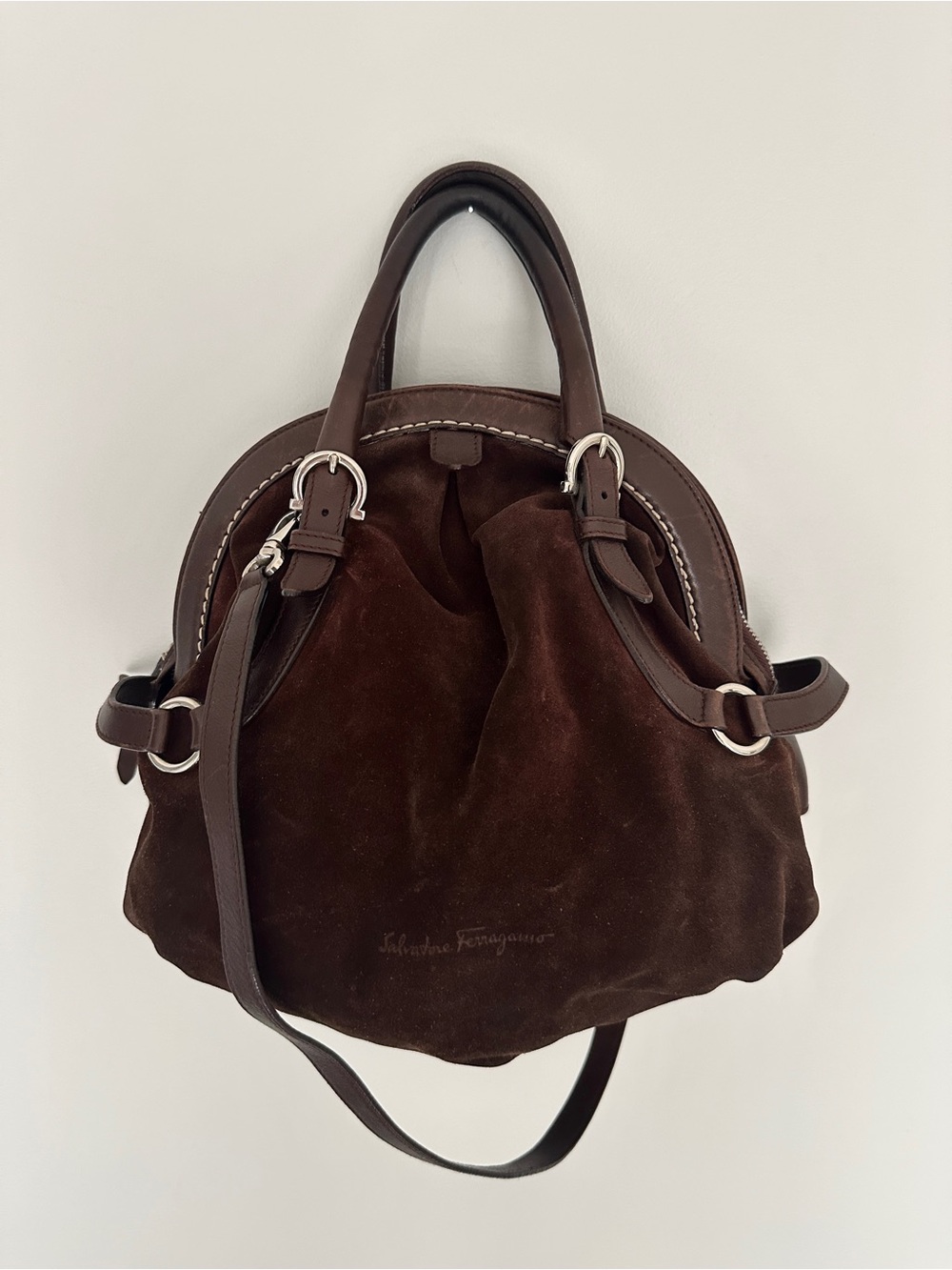 Vtg Salvatore Ferragamo Chocolate Suede & Leather Handbag Shoulder Bag Dome Bag - Picture 3 of 16